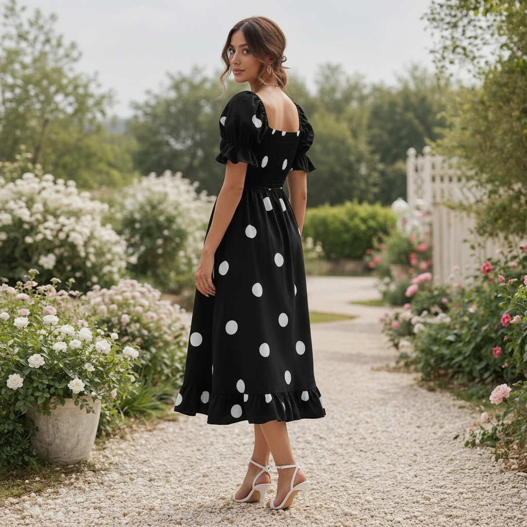 Polka Dot Midi-mekko | Naisten Puhvihiha | Elegantti Virtaava Tyyli