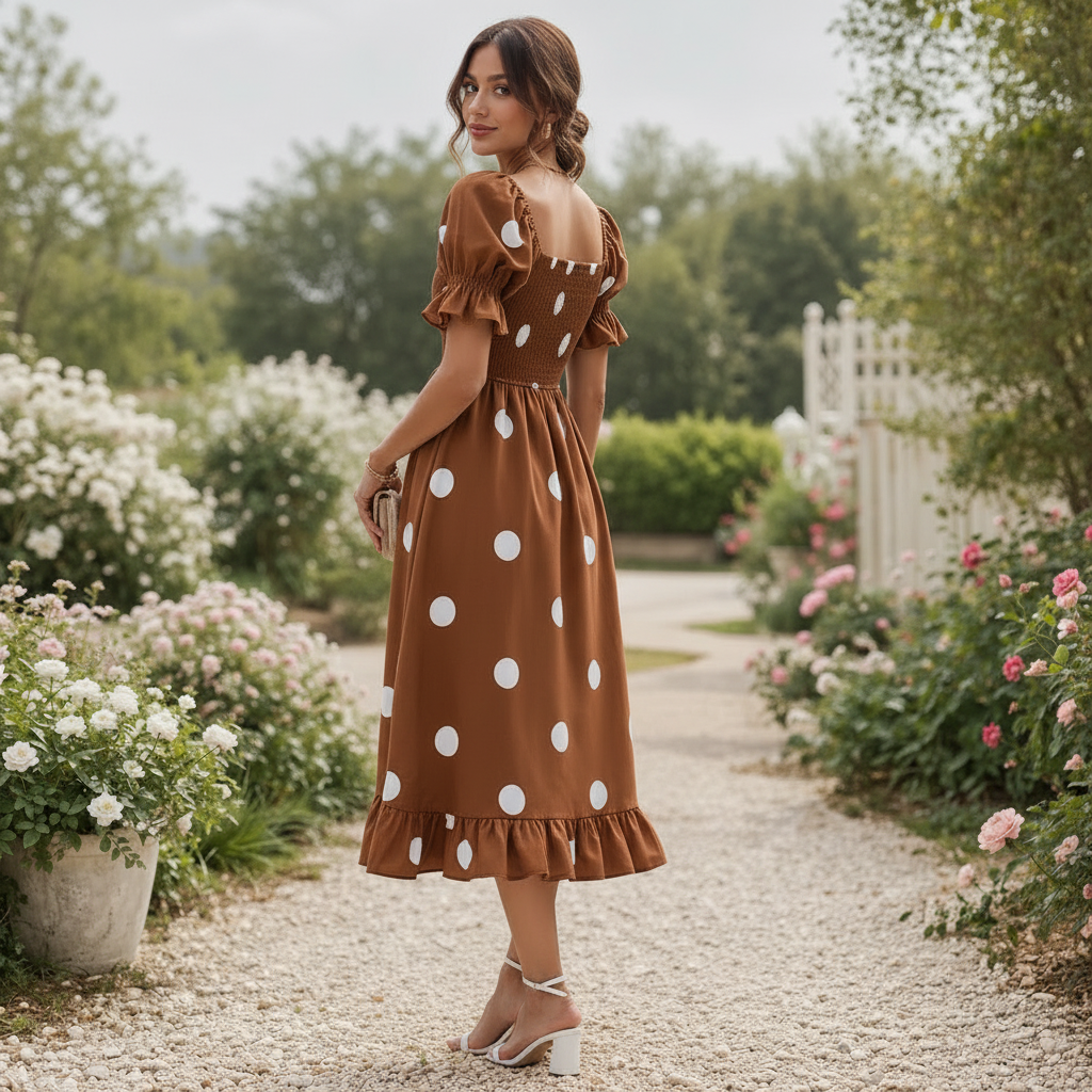 Polka Dot Midi-mekko | Naisten Puhvihiha | Elegantti Virtaava Tyyli