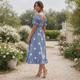 Polka Dot Midi-mekko | Naisten Puhvihiha | Elegantti Virtaava Tyyli