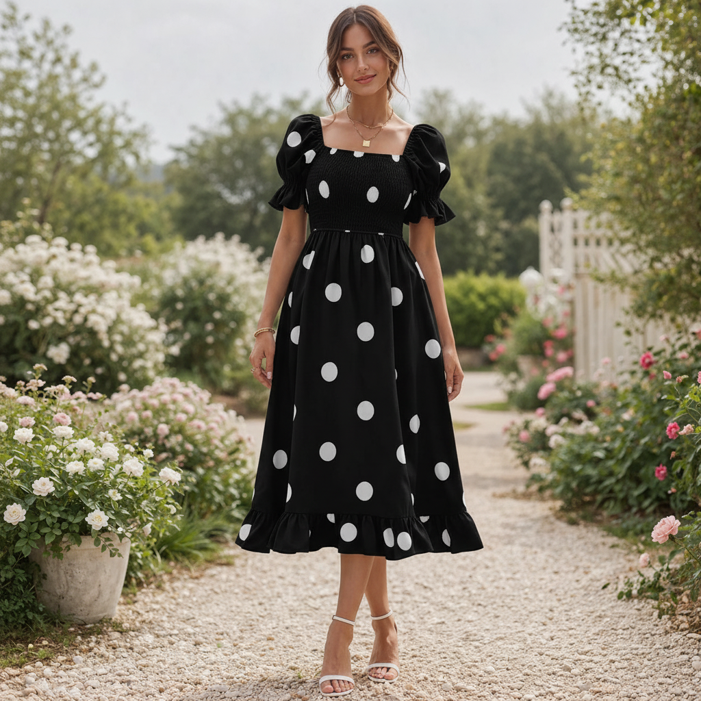Polka Dot Midi-mekko | Naisten Puhvihiha | Elegantti Virtaava Tyyli