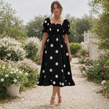 Polka Dot Midi-mekko | Naisten Puhvihiha | Elegantti Virtaava Tyyli