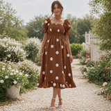 Polka Dot Midi-mekko | Naisten Puhvihiha | Elegantti Virtaava Tyyli