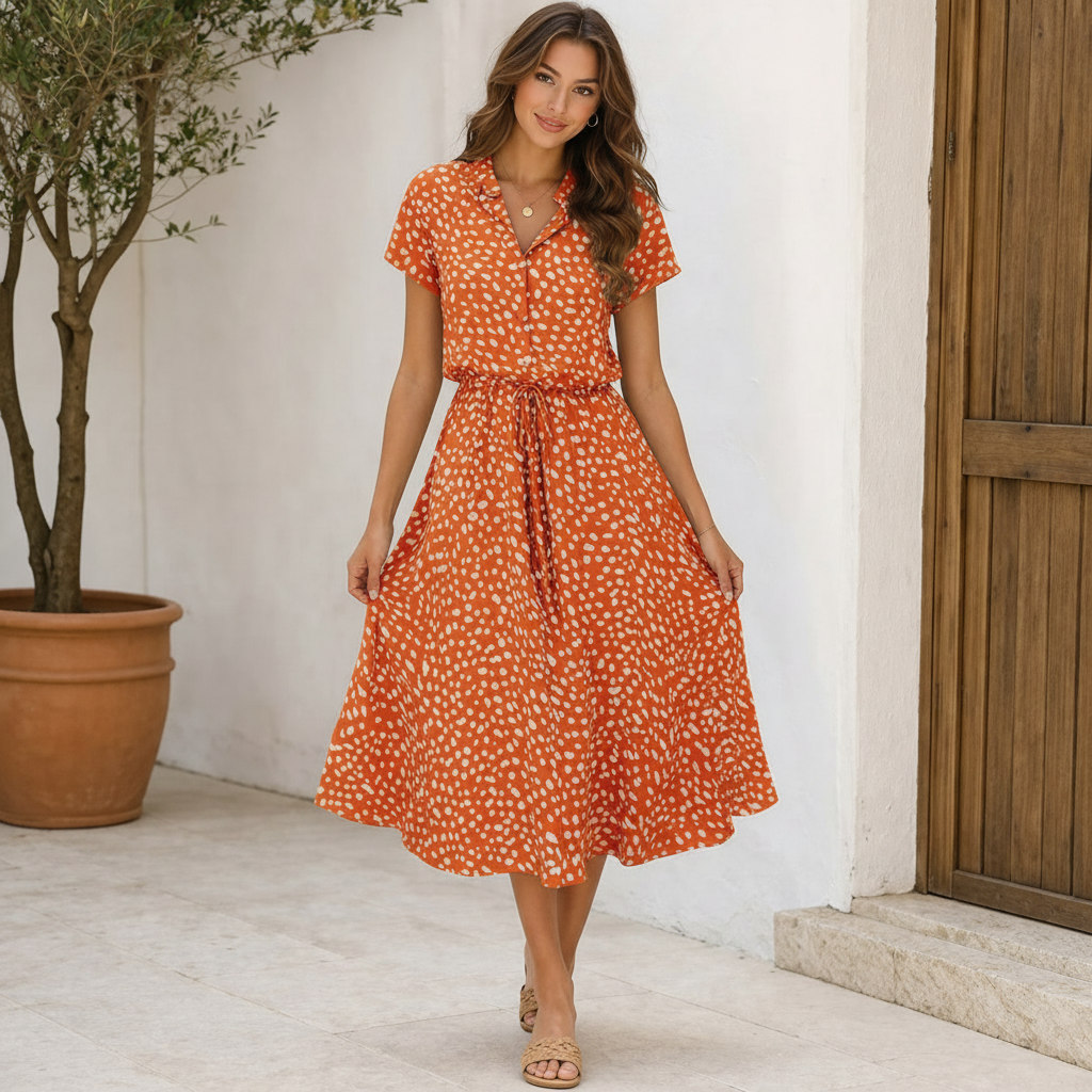 Polka Dot -mekko | Midi-tyyli, lyhyet hihat | Trendikäs