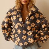 Naisten teddy fleece takki oversized kukkadessin puolivetsu
