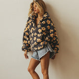 Naisten teddy fleece takki oversized kukkadessin puolivetsu