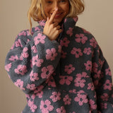 Naisten teddy fleece takki oversized kukkadessin puolivetsu