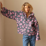 Naisten teddy fleece takki oversized kukkadessin puolivetsu