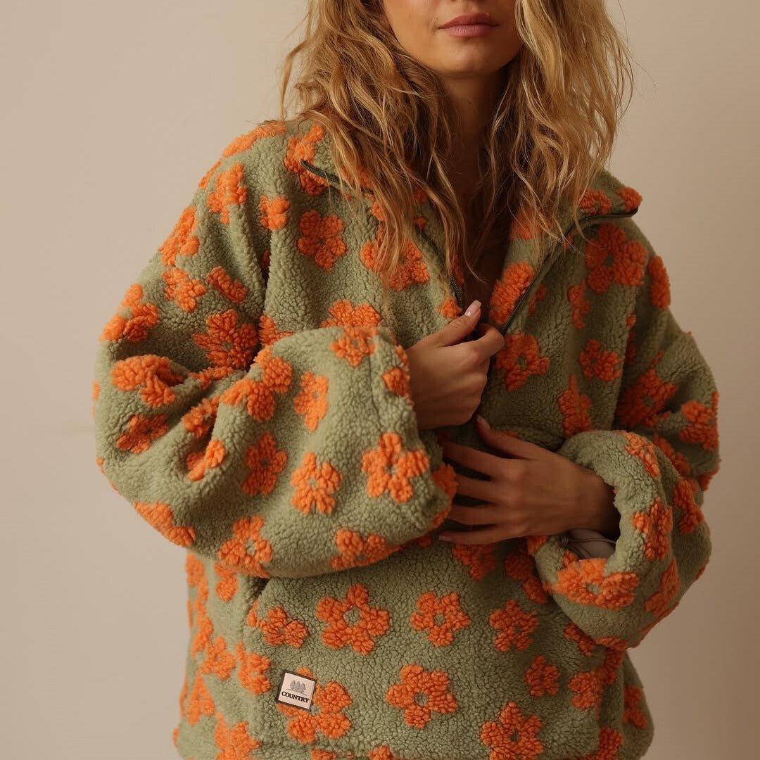 Naisten teddy fleece takki oversized kukkadessin puolivetsu
