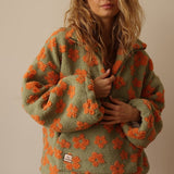 Naisten teddy fleece takki oversized kukkadessin puolivetsu