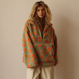 Naisten teddy fleece takki oversized kukkadessin puolivetsu