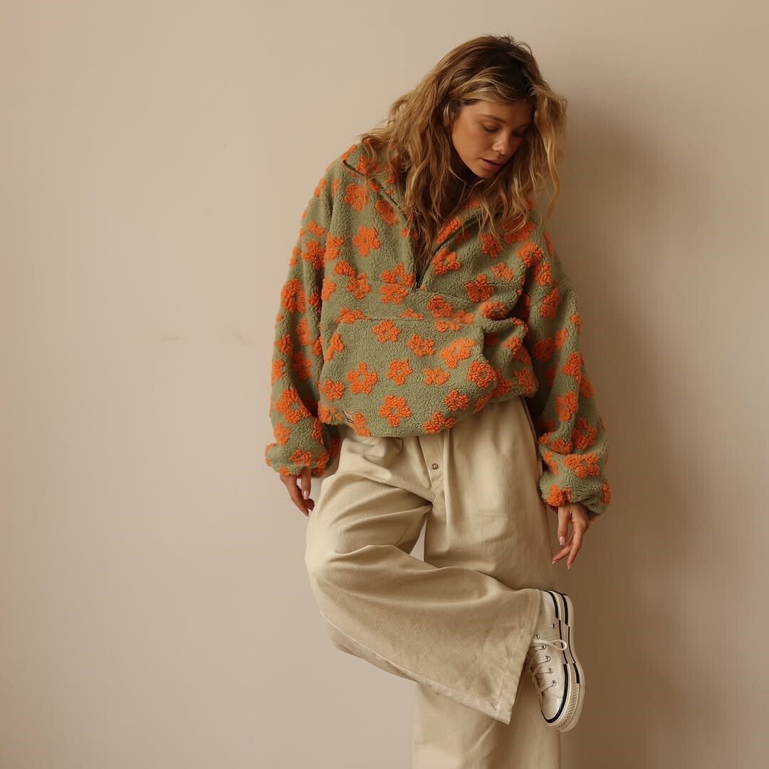 Naisten teddy fleece takki oversized kukkadessin puolivetsu