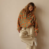 Naisten teddy fleece takki oversized kukkadessin puolivetsu
