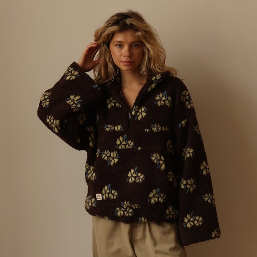 Naisten teddy fleece takki oversized kukkadessin puolivetsu