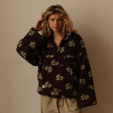 Naisten teddy fleece takki oversized kukkadessin puolivetsu