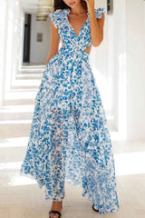 Pitkä kukkamekko - V-pääntie - frillihihat - vyötäröaukko