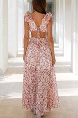 Pitkä kukkamekko - V-pääntie - frillihihat - vyötäröaukko