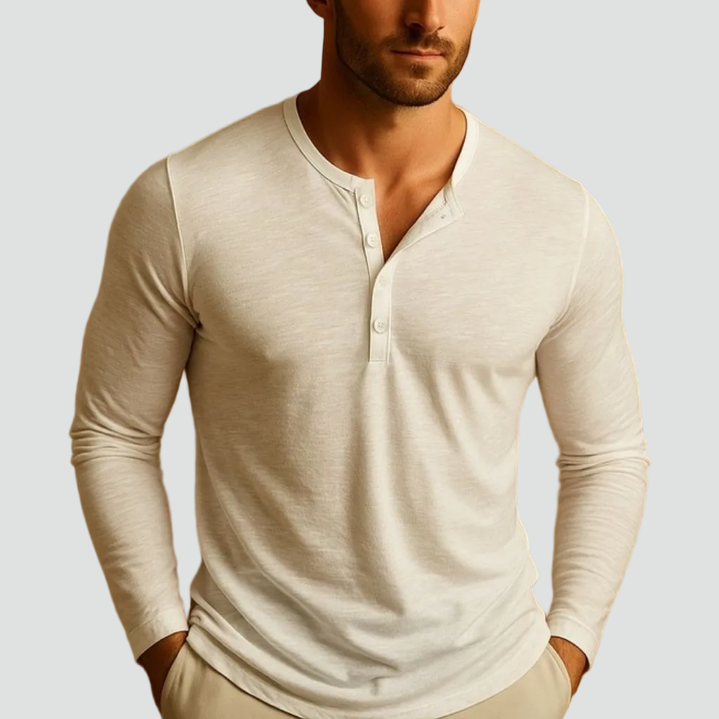 Miesten Henley tee slim fit pitkähihainen nappikaulus paita