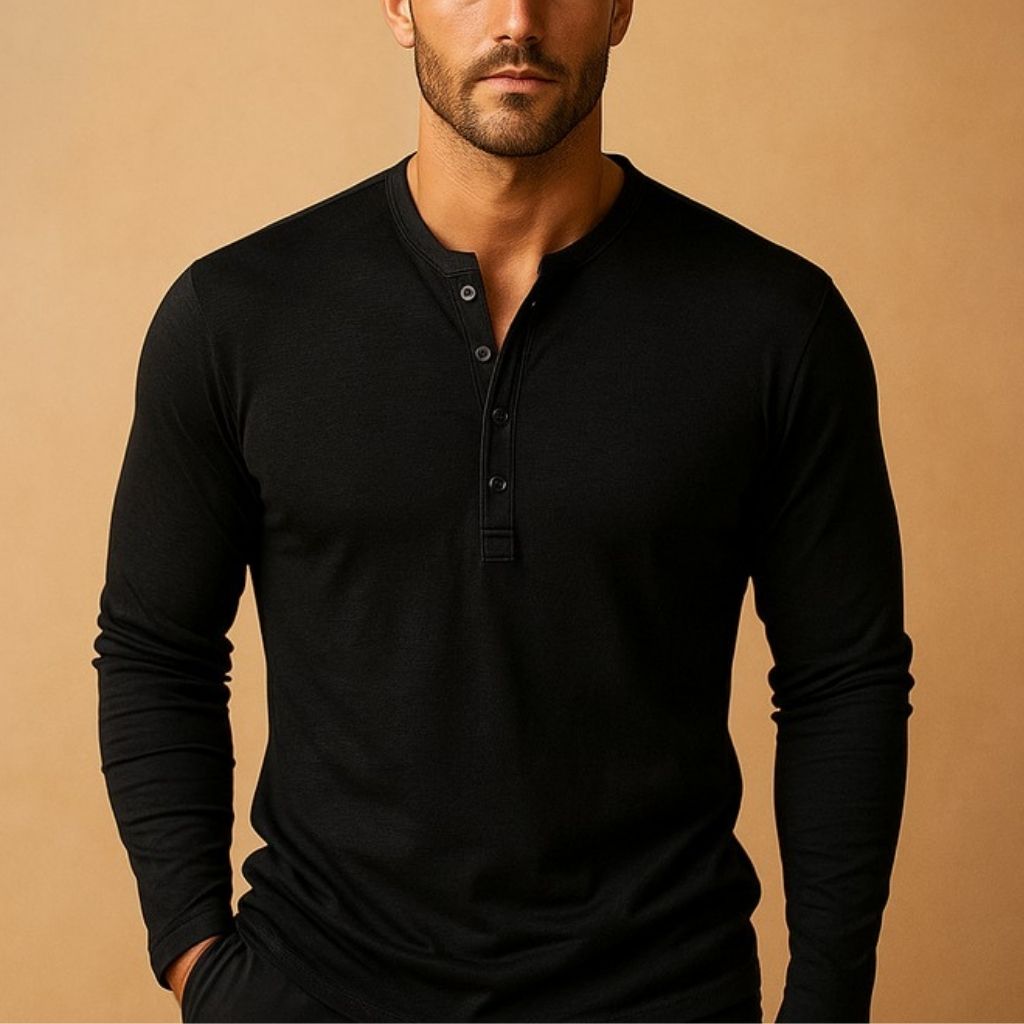 Miesten Henley tee slim fit pitkähihainen nappikaulus paita