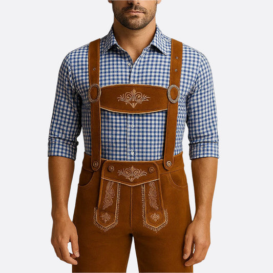 Herre Lederhosen - Højkvalitets Læder - Stropper & Skjorte - Traditionelt Festtøj