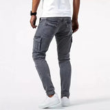 Miesten slim fit cargo denim farkut useilla toiminnallisilla taskuilla