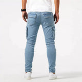 Miesten slim fit cargo denim farkut useilla toiminnallisilla taskuilla