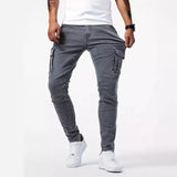 Miesten slim fit cargo denim farkut useilla toiminnallisilla taskuilla
