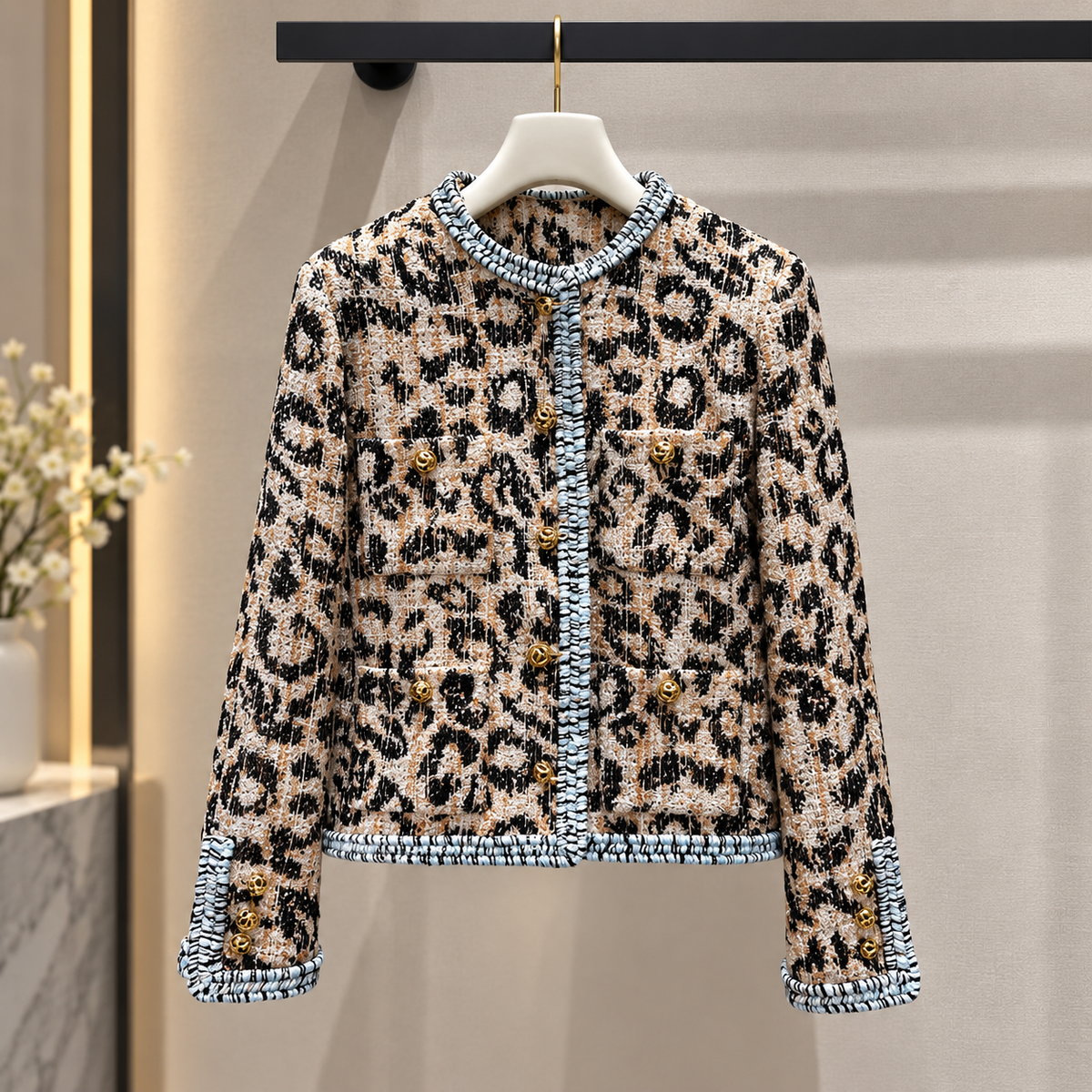 Women's Jacket | Leopard Print | Round Neckline, Stylish Design