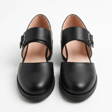 Women's Mary Jane shoes | Black leather, buckle strap | Comfortable flat ballet shoes
