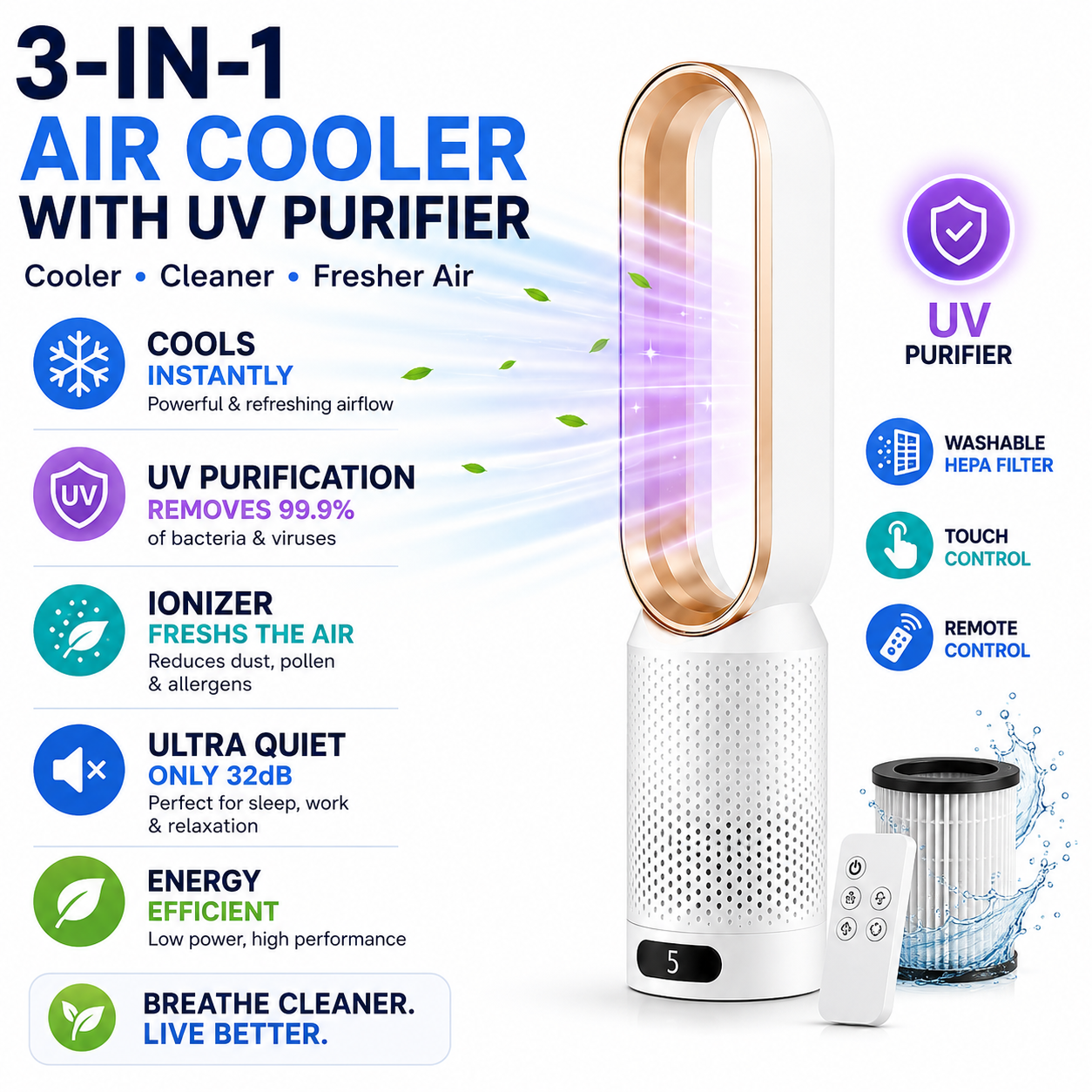 Luftkühler | Mit UV-Reiniger, 3-in-1 | Leise, energieeffizient
