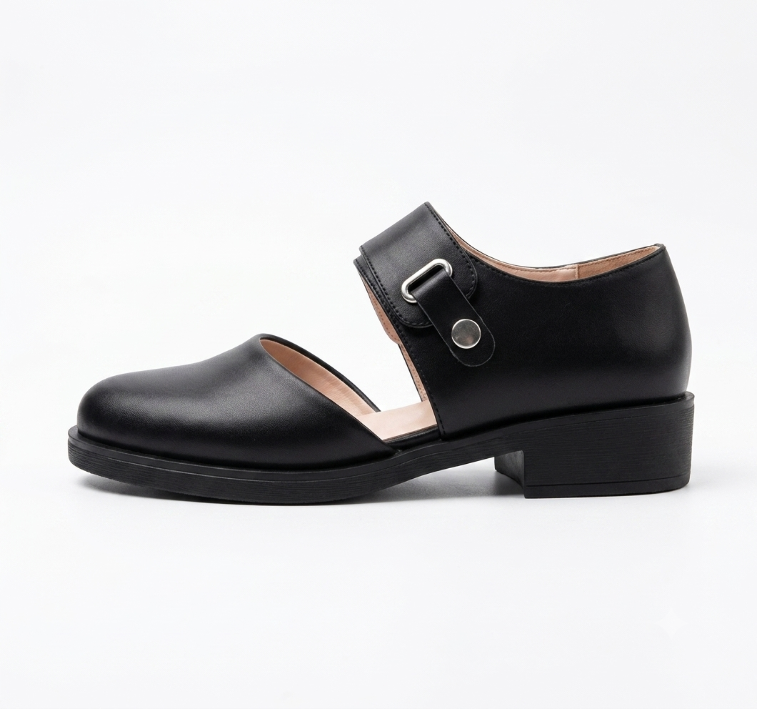 Women's Mary Jane shoes | Black leather, buckle strap | Comfortable flat ballet shoes