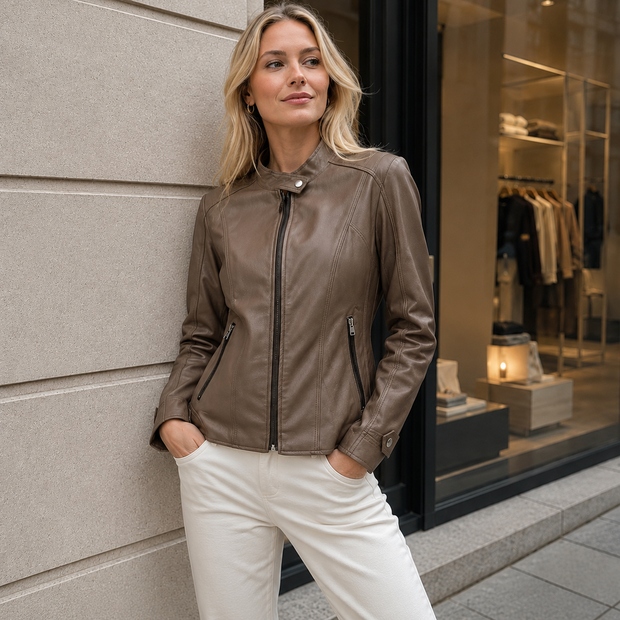 Stilla Naisen Nahkatakki - Elegantti Suunnittelu - Mao Kaulus - Mukavuus