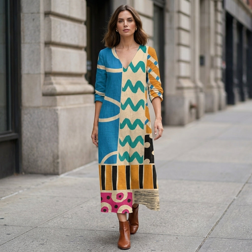 Midi-mekko | Abstrakti patchwork-print | Naisille