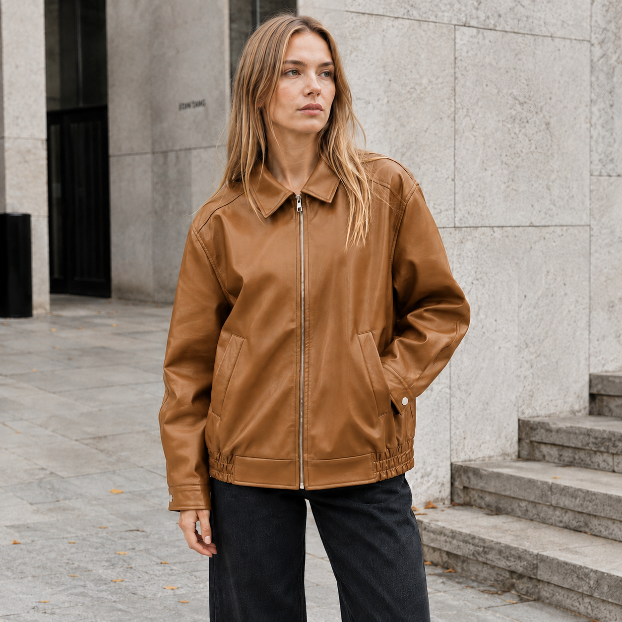 Dames Leren Jas – Oversized Model – Heuplengte – Ritssluiting