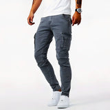 Miesten slim fit cargo denim farkut useilla toiminnallisilla taskuilla