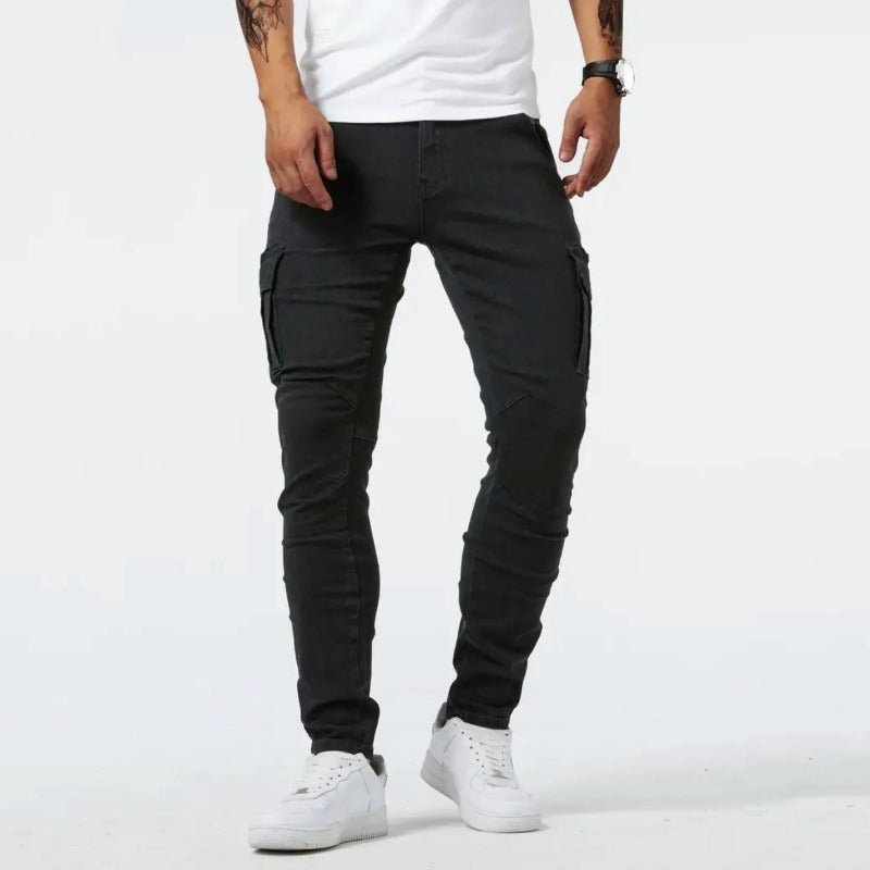 Miesten slim fit cargo denim farkut useilla toiminnallisilla taskuilla