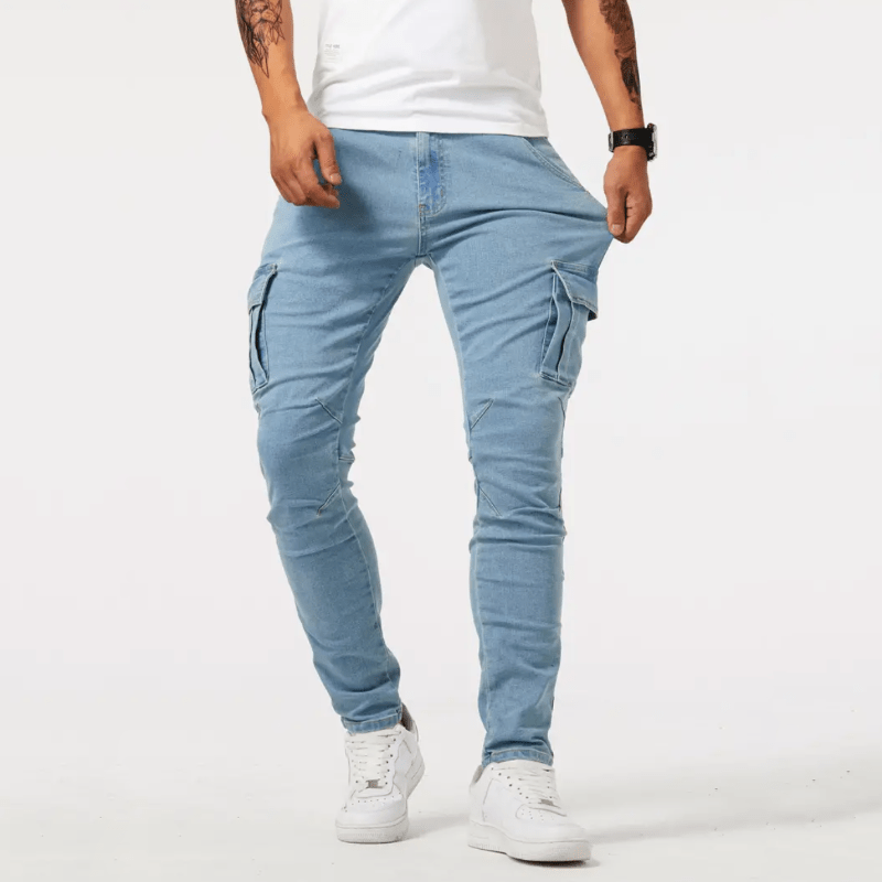 Miesten slim fit cargo denim farkut useilla toiminnallisilla taskuilla
