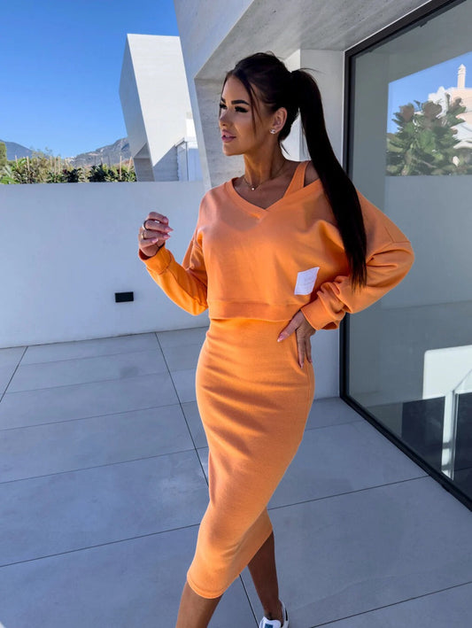 Naisten Pitkähiha V-pääntie Crop Top & Bodycon Midi Hame-Mekot-EmiyoSuomi