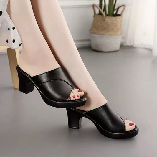 Naisten Korkokengät – Pehmeä Nahka – Paksu Korko – Peep Toe – Minimalistinen Slip-On-Sandaalit-EmiyoSuomi