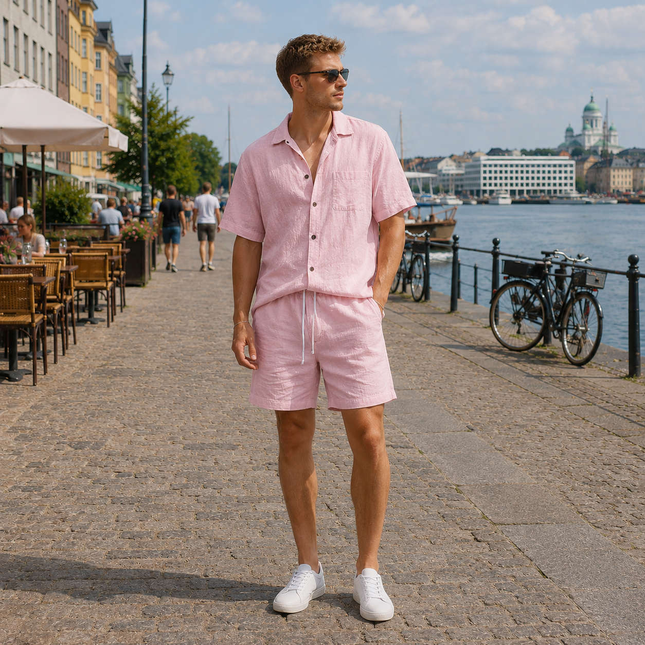 メンズ半袖ボタン付き夏服 – 2点セットのカジュアルコーデ