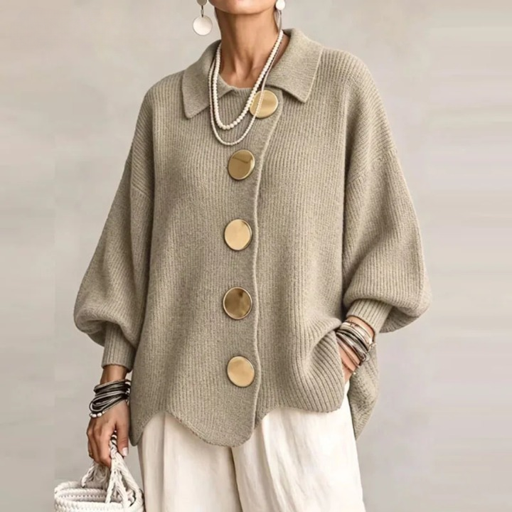 Naisten neulecardigan oversized kullanvärisillä napeilla ja ballonhihalla