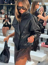 Naisten takki | Musta keinotekoinen nahka, pitkät hihat | Oversized streetwear 2025