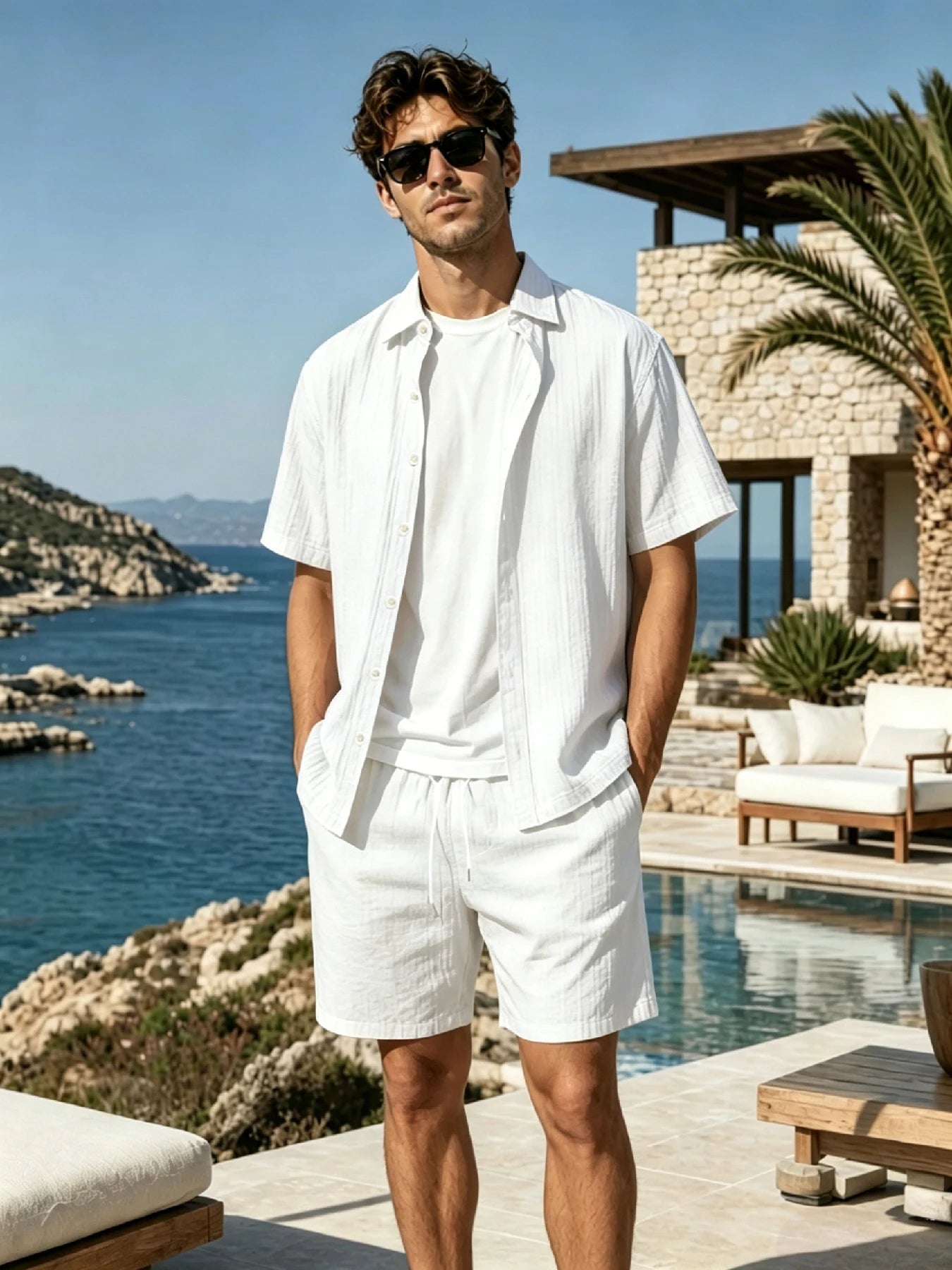 Miesten teksturoitu paita ja shortsit | Reväärikauluksella | Kesäasustin ranta