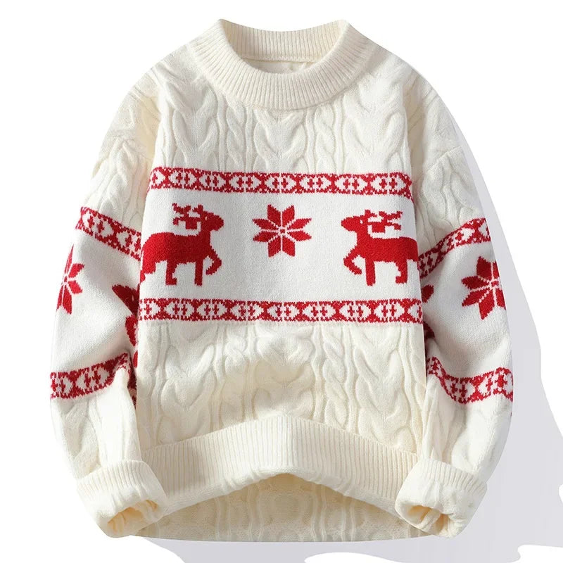Jouluneule porokuvio unisex punainen valkoinen pullover pyöreä kaula-aukko