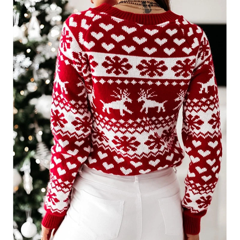 Naisten jouluneule lumihiutale jacquard pullover pitkähihainen