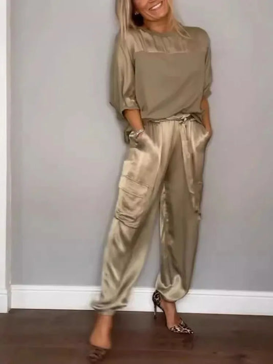 Naisten Satin Kaksiosainen Setti - O-Muoto Kaula - Pitkähiha-outfit set-EmiyoSuomi