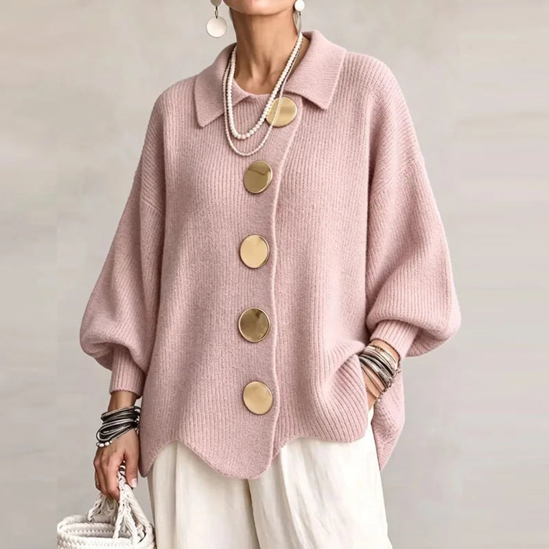 Naisten neulecardigan oversized kullanvärisillä napeilla ja ballonhihalla