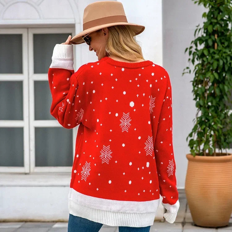 Jouluneule naisille löysä pyöreäkaulus jacquard-kuvio
