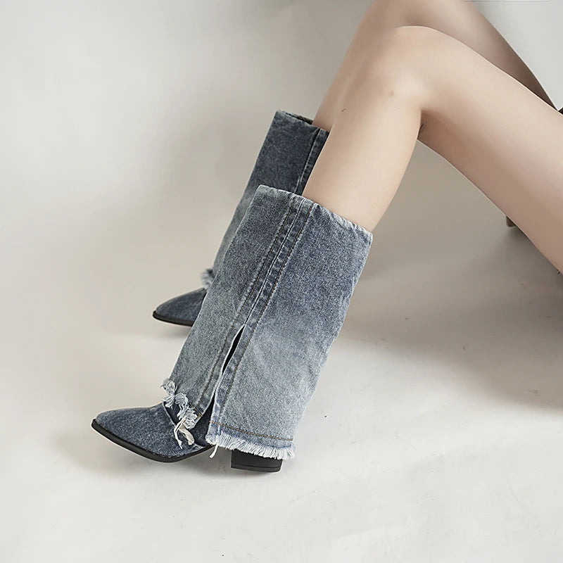 Naisilta nilkkasaappaat | Denim, korkea korko, terävä nenä