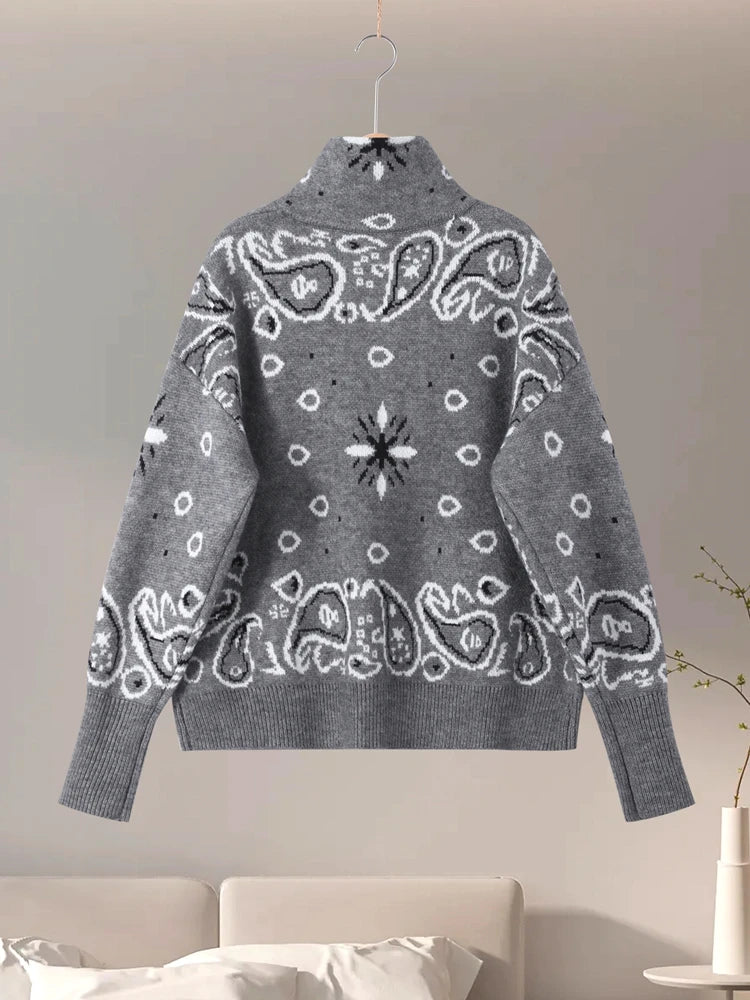Naisten neulottu jacquard cardigan vetoketjulla väljä istuvuus