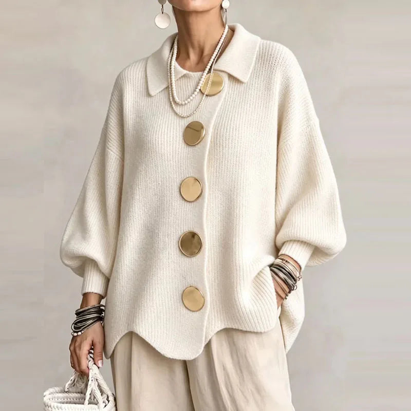 Naisten neulecardigan oversized kullanvärisillä napeilla ja ballonhihalla